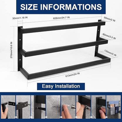 NearMoon Bathroom Towel Bar, Towel Rod Holder, Square Shelf Rack Hanging Towel for Bath, Thicken SUS304 Stainless Steel Towel Rack Wall Mounted-3-Tier Bath Accessories (24 Inch, Matte Black)