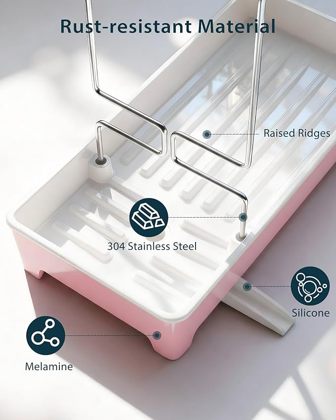 Caumic Minimalist Sink Caddy, Rustproof Sponge Holder for Kitchen Sink with 304 Stainless-Steel Brush Holder, Countertop Rack Organizer with Raised Ridges & Silicone Drain Tube (Blush Pink)