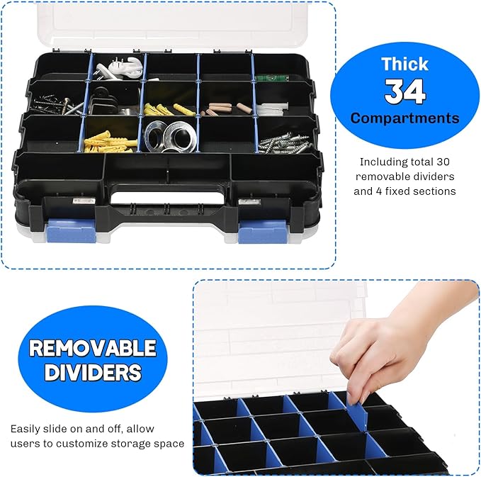 Small Parts Organizer | Storage Case Tools Box 34-Compartments Double Side Organizer Box with Removable Dividers for Small Hardware, Screws, Bolts, Nuts, Nails, Beads (Blue)