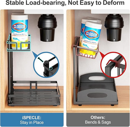 iSPECLE Under Kitchen Sink Organizer - 2 Pack Height Adjustable Pull Out Cabinet Organizer Fit Around Plumbing & Disposal, Heavy-Duty Undersink Storage Sliding Get Item for 30" - 36" Wide Sink Cabinet