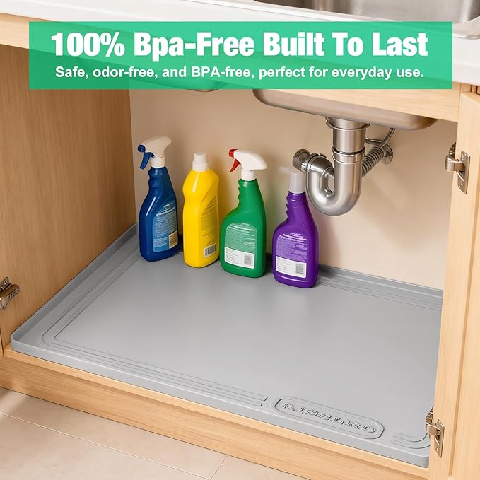 Aisslro Under Sink Mat 22" X 19", Waterproof Silicone Under Sink Mats for Kitchen, Anti-Leak Shelf Liner & Cabinet Protector with Raised Edge, [BPA Free] Bathroom Tray Home Organizer, Light Gray