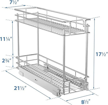 ROOMTEC Pull Out Spice Rack for Narrow Cabinet (8½" W X 21" D),2 Tier Slide Out Cabinet Organizer and Pull Out Shelves Under Cabinet Storage for Kitchen, Chrome