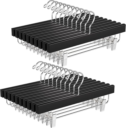 BAGAIL 20 Pack Wooden Pants Hangers with Adjustable Clips, 360°Swivel Hook Space Saving Skirt Holders with Anti-Rust Clips for Trousers, Jeans, Shorts (Black)