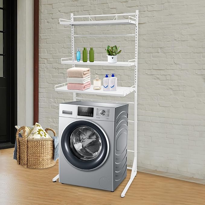 Eapmic Over The Washer and Dryer Storage Shelves, Laundry Room Standing Shelf, 3 Tier Expandable Washer and Dryer Rack with Adjustable Height, Over Toilet Washing Machine Width Within 25.2" (White)