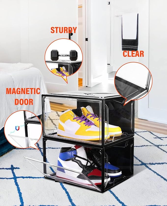 KDOR Shoe Boxes Clear Plastic Stackable 10 Pack Sneaker Storage Boxes with Magnetic Door, Acrylic Display Case, Strong and Sturdy Fit Shoe Size Up to US 15