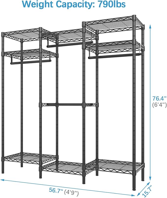VIPEK V5i Garment Rack Bedroom Armoires Freestanding Closet Organizer, Portable Wardrobe Closet Heavy Duty Clothing Rack with 8 Adjustable Shelves & 4 Hang Rods, 56.7" Lx15.7 Wx76.4 H, Black (Medium)