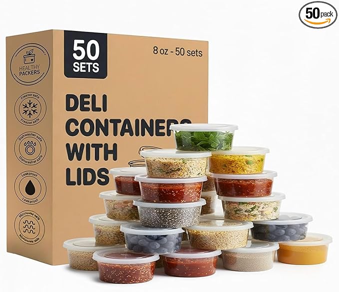 Healthy Packers Plastic Deli Containers with Lids (8oz 50 Sets) - Clear Plastic Containers with Airtight Lids - Great for Your Slime Kit, Food - BPA Free | Leakproof - Microwaveable & Freezer Safe