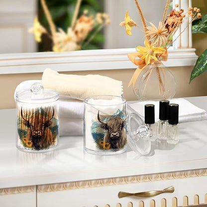 MNSRUU 2 Pack Qtip Holder Organizer Dispenser Highland Cow Pink Bathroom Storage Canister Cotton Ball Holder Bathroom Containers for Cotton Swabs/Pads/Floss