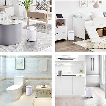 5 L Round Step Pet Trash with Lid,Mini Metal Pedal Bin,Small Garbage Can Wastebasket for Home,Car or Office，White