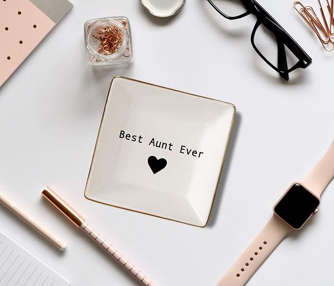 Simply Charmed Best Aunt Ever Gift – Ceramic Jewelry Dish or Ring Holder – BAE Trinket Tray - Elegant Valentine's Day or Birthday Gift for Auntie