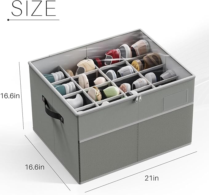MIFXIN Shoes Storage Box Large Shoe Boot Organizer for Closet Fit 16 Pairs Shoes Space Saving Storage Bin Container with Clear Cover & Reinforced Handles (Grey)