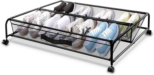 XSCQ Under Bed Shoe Storage with Wheels, Space Saving Shoe Organizer with Sturdy Metal Frame & Breathable Mesh, Suitable Under The Bed, Sofa and Desk, 1 Pack