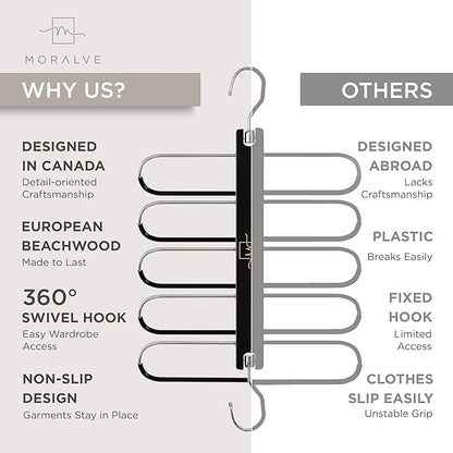 MORALVE Pants Hangers Space Saving - European Beechwood Scarf and Jean Hangers - Closet Organizer and Space Saver Pant Rack, Leggings Hanger, and Scarf Holder with 360° Swivel Hook (1 Pack)