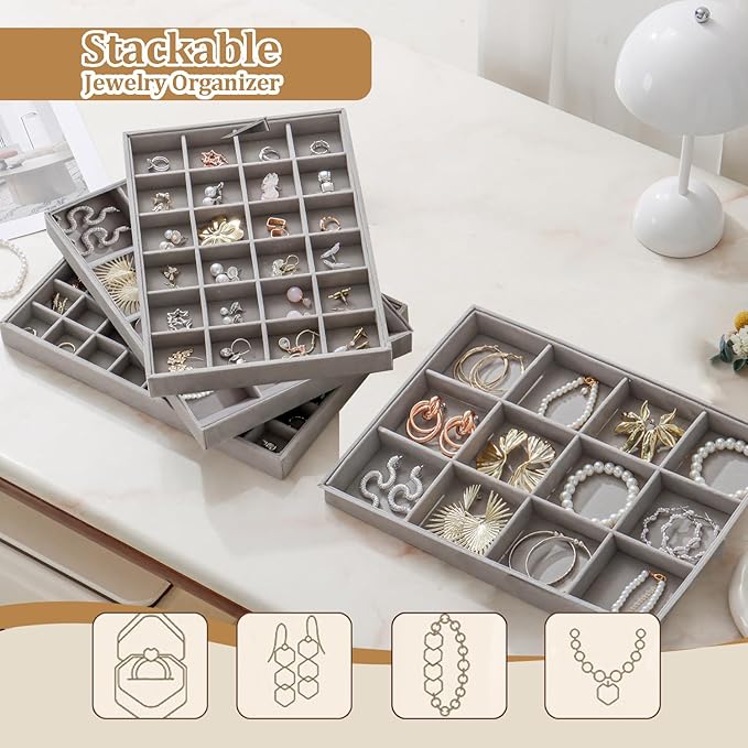 KATISYIO Large Jewelry Drawer Organizer Trays Set of 4, Stackable Velvet Jewelry Trays Organizer Holder Display Storage Showcase for Earring Necklace Bracelet Ring Accessary (Gray, 12+12+24+48 Grids)