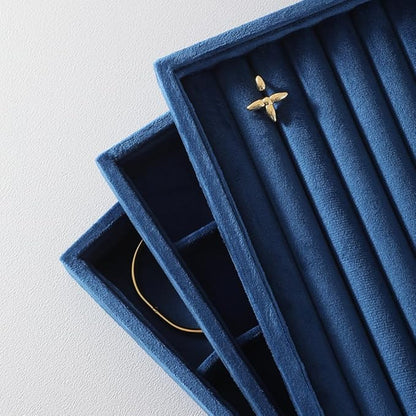 Velvet Ring Display Tray, Stackable Muilt Slot Rings Ear Stud Storage Tray, Drawer Insert Jewelry Accessories Organizers Plate (Blue)