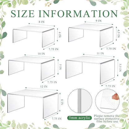 5 Pcs Extra Large 12,11,10,9,8 Inch Acrylic Display Risers Clear Acrylic Shelf Riser Display Stands 5 mm Thick Rectangular for Collectibles Figures