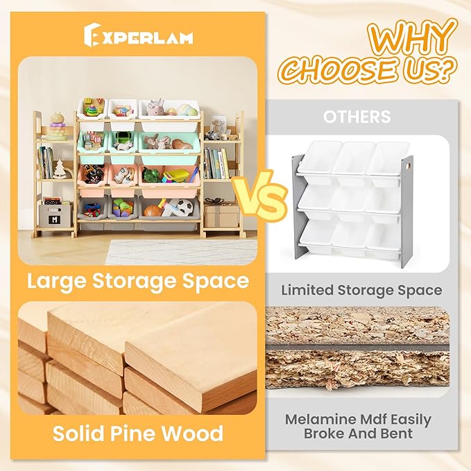 Extra Large Toy Storage - Toy Storage Organizer, Wooden Toy Organizer with 6 Side Shelves and 12 Bins, 3-in-1 Bookshelf for Kids Rooms, Playroom, Nursery, Multi Color