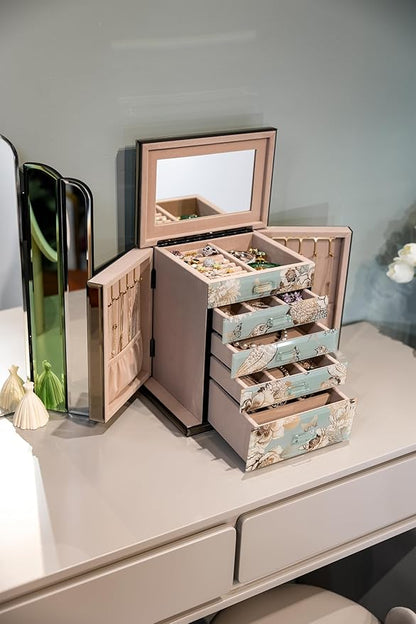 Homruilink High End Glass Jewelry Box - 5 Layer Jewelry Organizer with 2-Sided Doors and Mirror - Velvet-Lined Organizer For Ring, Necklace, Earring, Bracelet Storage - Christmas Gift For Women