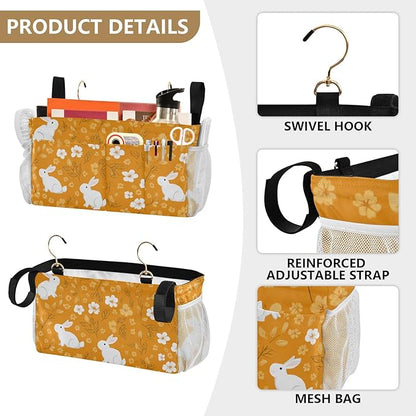 CuwrYet Bedside Caddy Hanging Bunk Bed Caddy Bed Organizer Hanging Pocket with 2 Hooks Bedside Storage Organizer Pocket Bag Holder White Flowers Bunny Orange Leaf