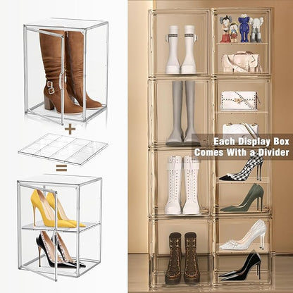 DAYOOH 2 Pcs Shoe Display Case, XX-Large Tall Boot Storage Box Transparent Handbag Organizer for Closet Acrylic Shoe Box Clear Plastic Stackable Sneaker Collectibles Case with Detachable Divider