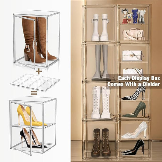 DAYOOH 2 Pcs Shoe Display Case, XX-Large Tall Boot Storage Box Transparent Handbag Organizer for Closet Acrylic Shoe Box Clear Plastic Stackable Sneaker Collectibles Case with Detachable Divider