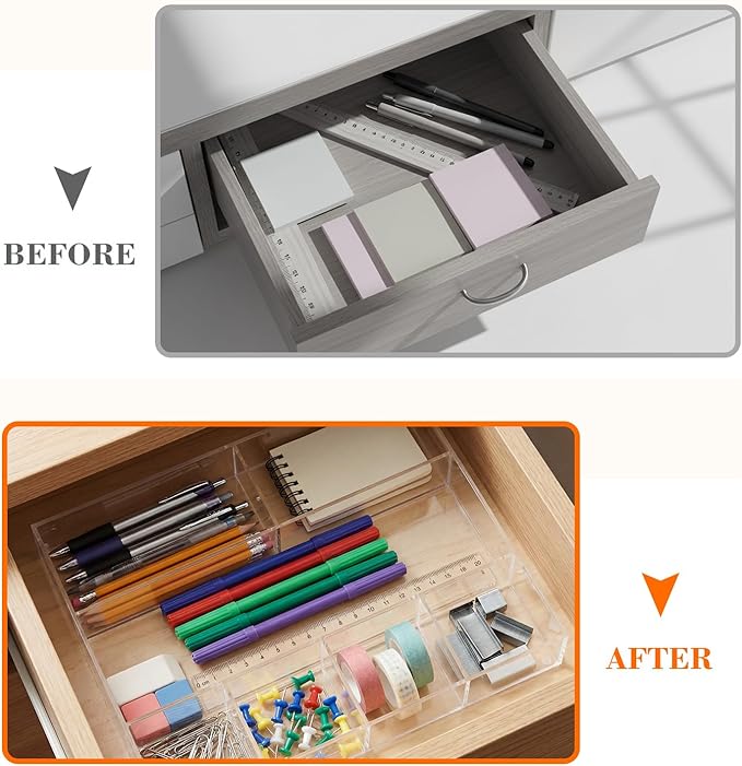 Briwooody Large Acrylic Desk Deep Drawer Organizer with Adjustable Dividers, Anti-Skip Clear Desk Top Organizer Tray for Pens, Desktop, Office, Bathroom, Kitchen, Makeup Supplies(7 Compartments)