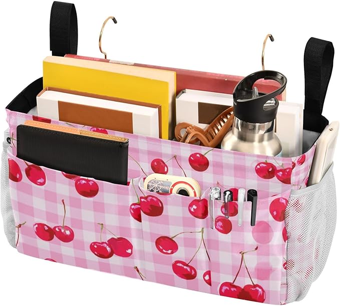 CuwrYet Bedside Caddy Hanging Bunk Bed Caddy Bed Organizer Hanging Pocket with 2 Hooks Bedside Storage Organizer Pocket Bag Holder Pink Juicy Checkered Cherry