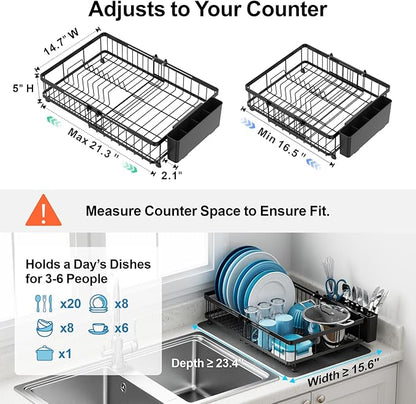 GSlife Family Size Large Capacity Expandable Dish Drying Rack with Absorbent Mat, Rust Resistant Dish Drainer for Plates Bowls Pots and Pans, 16.5"-21.3" L x 14.7" W, Black