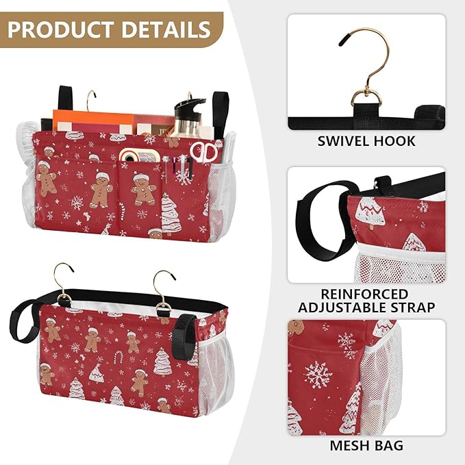 CuwrYet Bedside Caddy Hanging Bunk Bed Caddy Bed Organizer Hanging Pocket with 2 Hooks Bedside Storage Organizer Pocket Bag Holder Gingerbread Christmas Tree01
