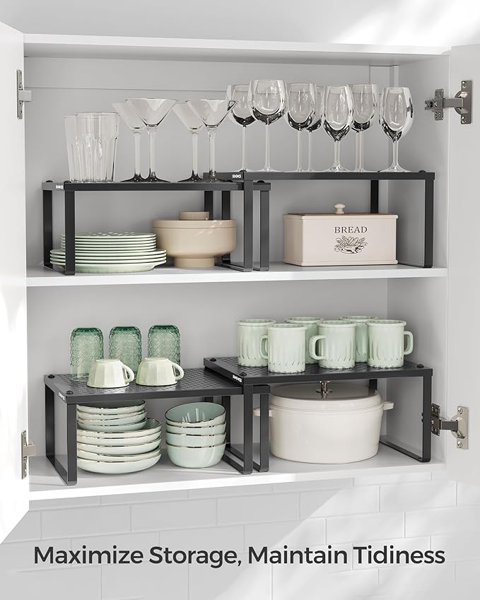 SONGMICS Spice Racks, Set of 4 Metal Cabinet Shelf Organizers, Countertop Organizers, Shelf Risers, Stackable, Expandable, Ink Black UKCS006B01