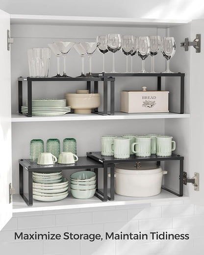 SONGMICS Spice Racks, Set of 4 Metal Cabinet Shelf Organizers, Countertop Organizers, Shelf Risers, Stackable, Expandable, Ink Black UKCS006B01