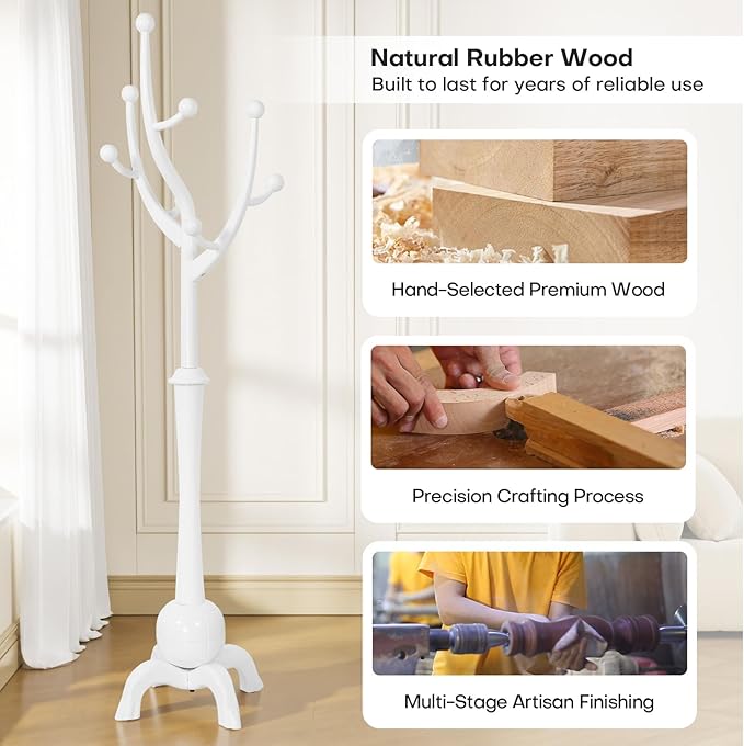 Wooden Coat Rack Freestanding with 8 Hooks, Heavy Duty Coat Hanger Stand with Stable Base, Vintage Coat Tree Standing Coat Racks for Entryway, Hallway, Bedroom (White)