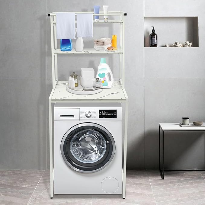 Over Washer and Dryer Shelves, 3 Tiers Laundry Room Storage and Organizer Standing Shelf, Metal Freestanding Clothes Drying Rack, Space Saving Organizers Shelf 27.1" W x 23.6" D x 69.5" H (White)