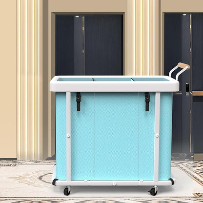 230L (60 Gal) Extra Large Fashion Laundry Sorter 3 Section with Lid, Rolling Laundry Basket Hamper with Handle, Laundry Organizer Storage Cart with Sturdy Metal Frame for Laundry Room,Hotel,Blue