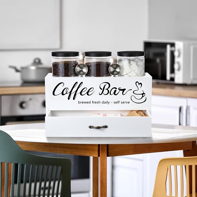 3 Pcs Coffee Canister Set with Shelf and Spoon Plastic Coffee Bean Storage Container with Lids Coffee Storage Box with Drawer Food Storage Jars for Coffee Bar Kitchen (White)