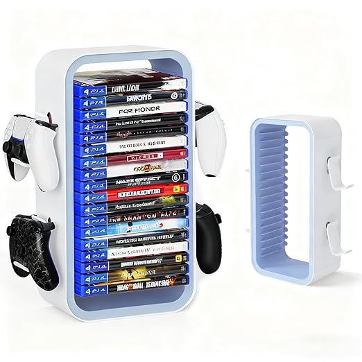 wigmoa Game Storage Tower【15.8INCH】 Compatible with PS5/ Xbox Series S & X/Switch, Universal Video Games Discs Organizers 18 PCS with 4 Controllers Holder, Game Disk Rack Shelf. OYO-1 (White/Blue)