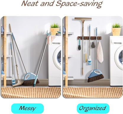 2 Pack Mop Broom Holder Wall Mount with 3 Slots & 4 Hooks - Rustic Wood Broom Mop Hanger for Pantry Kitchen Organization - Garden Tool Organizer for Closet Laundry Room