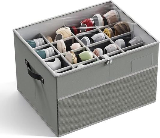MIFXIN Shoes Storage Box Large Shoe Boot Organizer for Closet Fit 16 Pairs Shoes Space Saving Storage Bin Container with Clear Cover & Reinforced Handles (Grey)