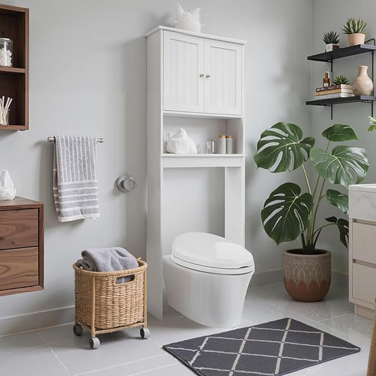 GORZING Over The Toilet Storage Cabinet, Behind Toilet Bathroom Organizer with Adjustable Shelves, Above Toilet Organizers with Barn Door, Space Saver for Restroom, Bathroom, Laundry