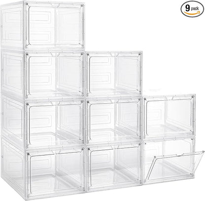 Storage Bins with Lids, 9 Pack Plastic Storage Containers with Magnetic Door, 19 Qt Stackable Clear Storage Box for Home, Office Organizing
