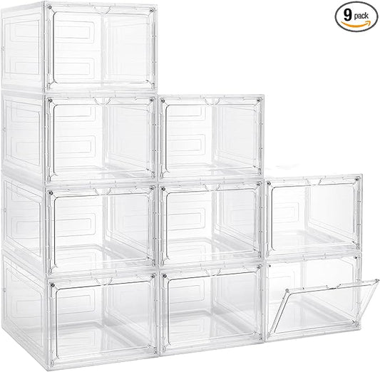 Storage Bins with Lids, 9 Pack Plastic Storage Containers with Magnetic Door, 19 Qt Stackable Clear Storage Box for Home, Office Organizing