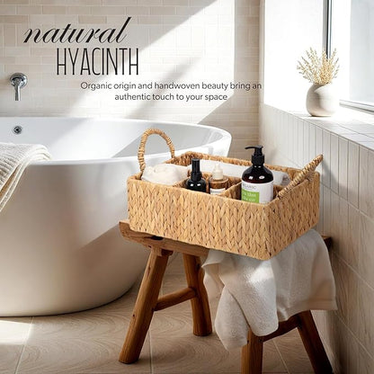 Divided Water Hyacinth Baskets with Handles, Storage Basket Woven Natural for Organizing Bathroom Kitchen Shelves Office Supplies Organization, Wicker Storage Baskets 4 Section Rectangular Tray