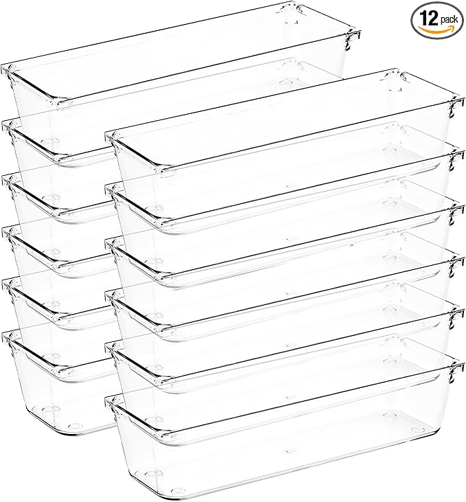 Ravinte Decor 12 Pack Drawer Organizer - 3" X 9" Clear Acrylic Storage Bins with Non-Slip Pads, Versatile Desk Tray for Makeup, Jewelry, Kitchen, Bathroom, and Office Organization