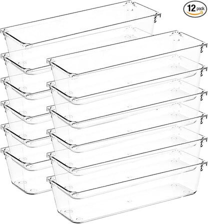 Ravinte Decor 12 Pack Drawer Organizer - 3" X 9" Clear Acrylic Storage Bins with Non-Slip Pads, Versatile Desk Tray for Makeup, Jewelry, Kitchen, Bathroom, and Office Organization