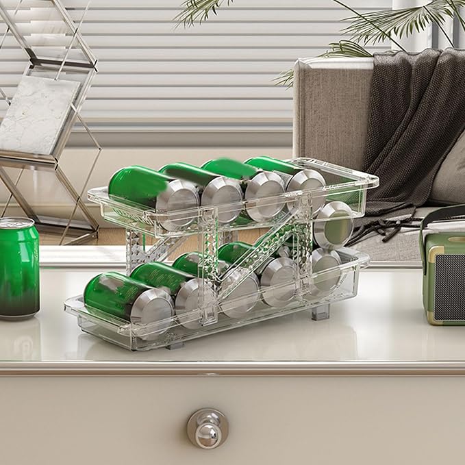 2 Layer Expandable Soda Can Organizer, Automatic Rolling Beverage Drink Dispenser for Fridge, Plastic Beer Can Holder for Refrigerator Pantry Freezer (Clear White)