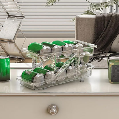 2 Layer Expandable Soda Can Organizer, Automatic Rolling Beverage Drink Dispenser for Fridge, Plastic Beer Can Holder for Refrigerator Pantry Freezer (Clear White)