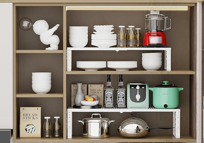 Expandable Cabinet Shelf Organizer Storage Spice Rack Shelves for Kitchen Stackable Adjustable Pantry Cupboard Bathroom Countertop Desktop(2Packs/White/Medium-with Hole)