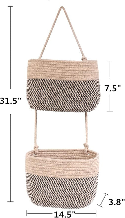 Over The Door Hanging Basket, 2 Tier Cotton Rope Woven Wall Basket, Magazine Racks Hanging Organizer, Decorative Hanging Storage Baskets for Organizing Living Room, Bathroom and Bedroom (Jute-black)