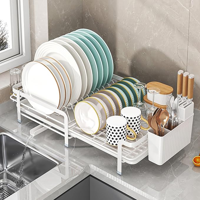 SOVGIZF Large Dish Drying Rack with Drainboard,Expandable Dish Rack for Kitchen Counter, Utensil Holder & Cup Hooks,Rustproof Stainless Steel Drying Dish Rack 23.6’’L x 12.6’’W,White