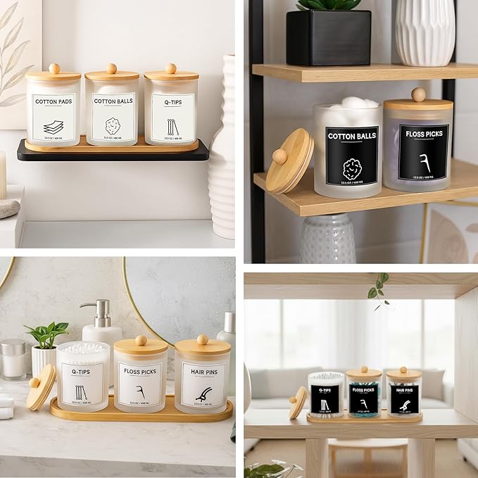 GYOSUGANG 3 PCS Qtip Holder for Bathroom, Cotton Ball Holder, with Tray, Bathroom Organizers and Storage, Bathroom Jars for Floss Picks, Cotton Swabs, Balls, Pads (Frosted)